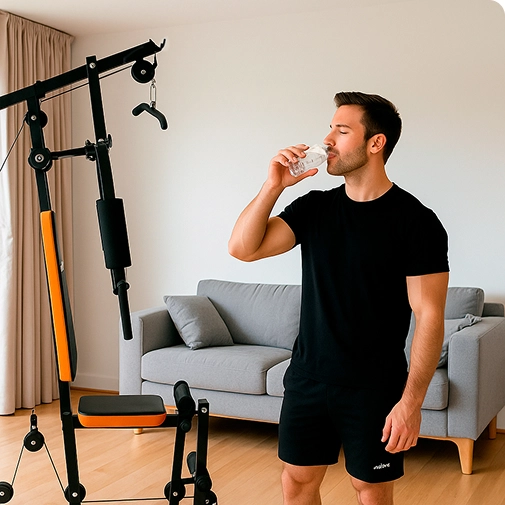 Homem bebendo água ao lado da Estação de Musculação 45kg da Gallant