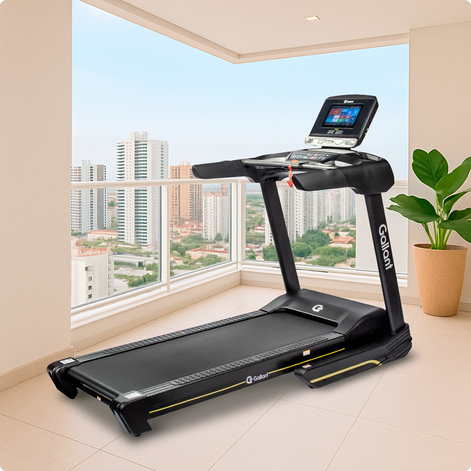 Imagem de uma esteira para direita com uma janela ao fundo mostrando a paisagem da cidade