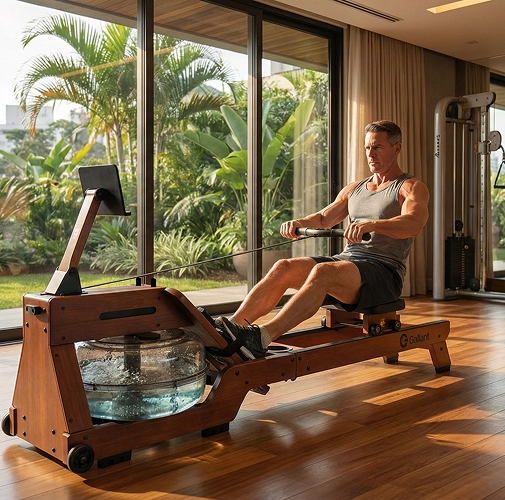Imagem de um homem sentado ultilizando o Aparelho Simulador de Remo a base de água Gallant